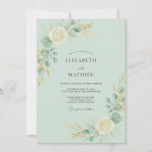 Invitación Boda de eucalipto con follaje dorado espuma de mar