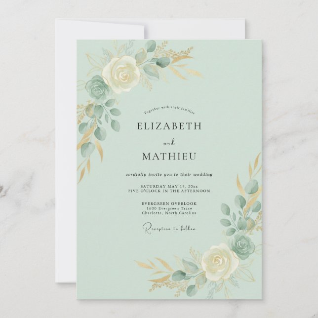 Invitación Boda de eucalipto con follaje dorado espuma de mar (Anverso)