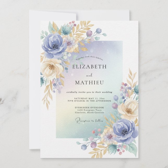 Invitación Boda de Eucalipto con Follaje Dorado Periwinkle (Anverso)
