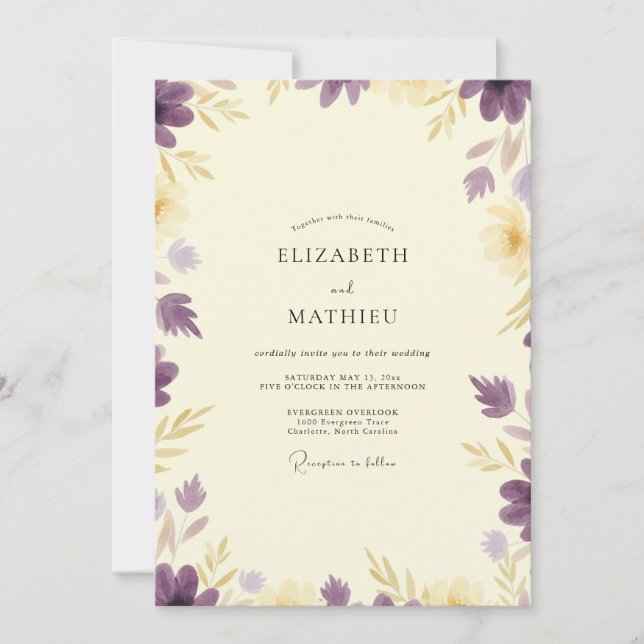 Invitación Boda de eucalipto con follaje dorado y lavanda (Anverso)