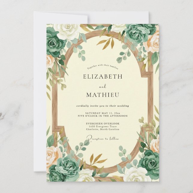 Invitación Boda de eucalipto con follaje dorado y verde teal (Anverso)