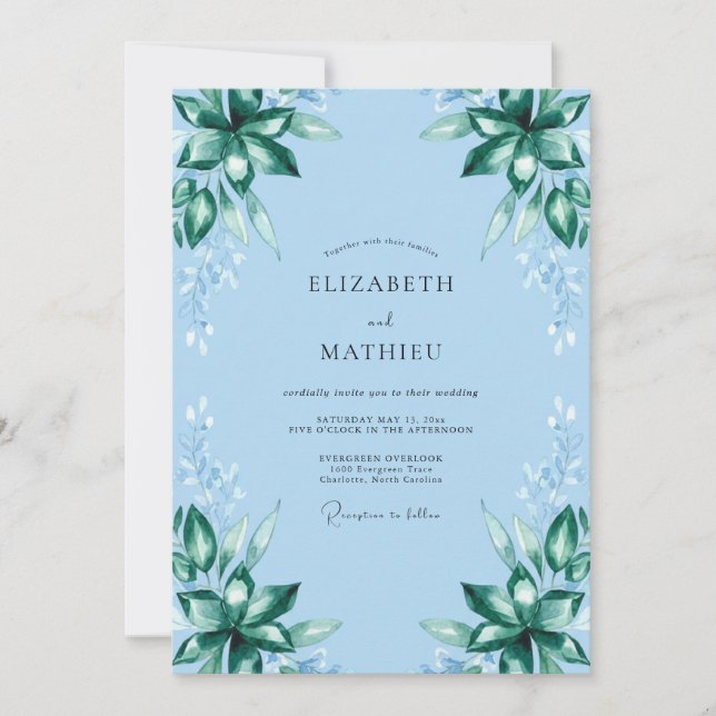 Invitación Boda de eucalipto con follaje esmeralda azur (Anverso)