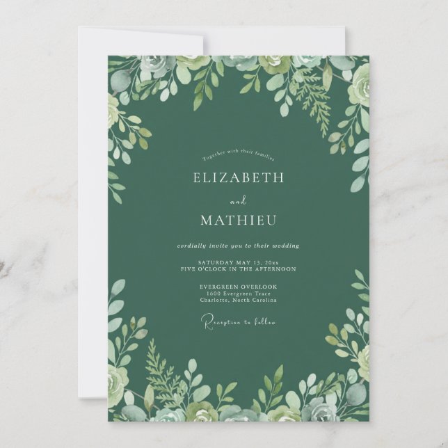 Invitación Boda de eucalipto con follaje esmeralda profundo (Anverso)