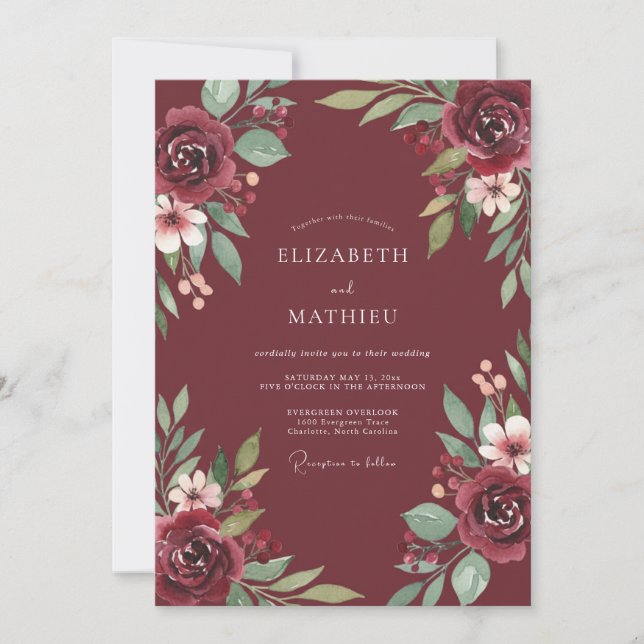 Invitación Boda de eucalipto con follaje granate (Anverso)