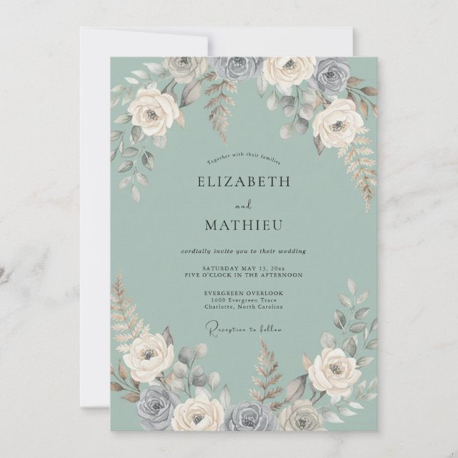 Invitación Boda de eucalipto con follaje gris espuma de mar (Anverso)