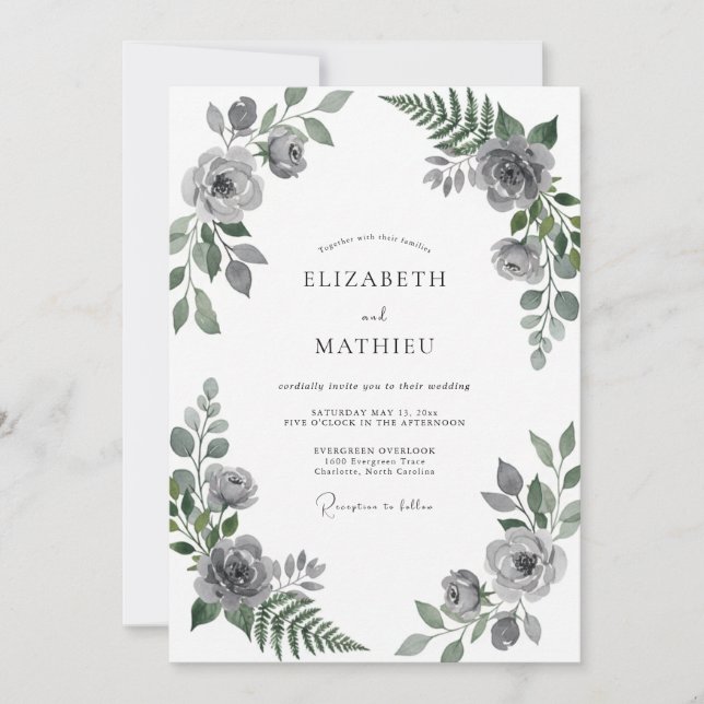 Invitación Boda de Eucalipto con Follaje Gris Plateado (Anverso)