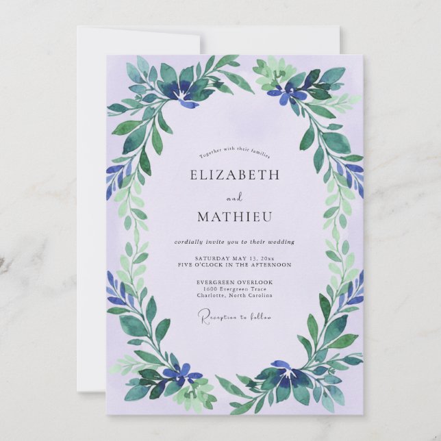 Invitación Boda de Eucalipto con Follaje Índigo Lavanda (Anverso)