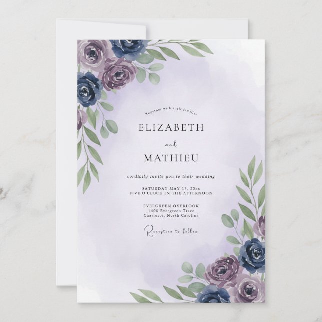 Invitación Boda de Eucalipto con Follaje Índigo Malva (Anverso)