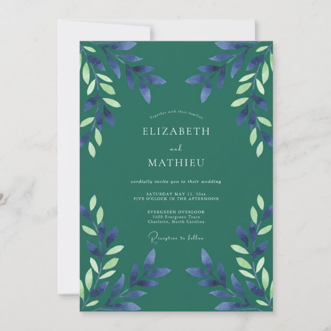 Invitación Boda de eucalipto con follaje índigo teal (Anverso)