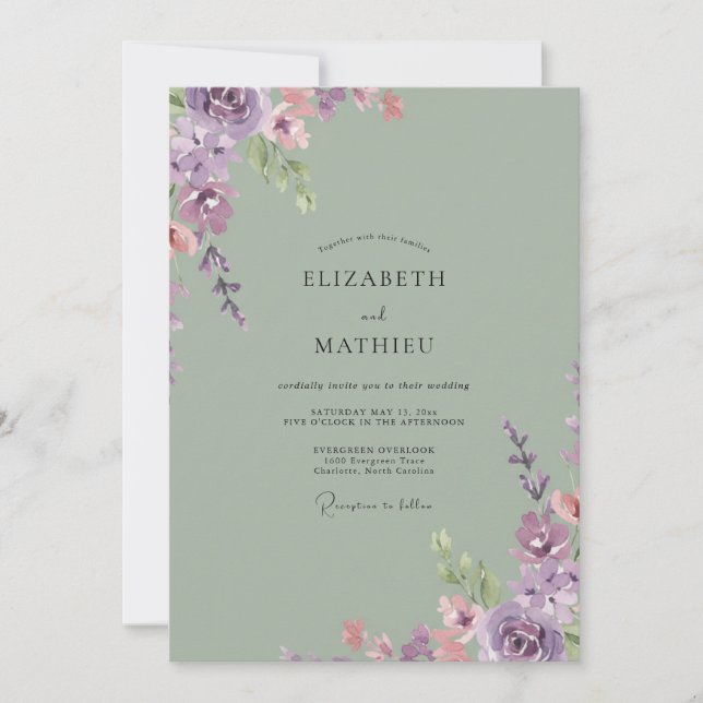 Invitación Boda de eucalipto con follaje lavanda celadón (Anverso)