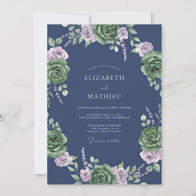 Invitación Boda de Eucalipto con Follaje Lila Pizarra (Anverso)