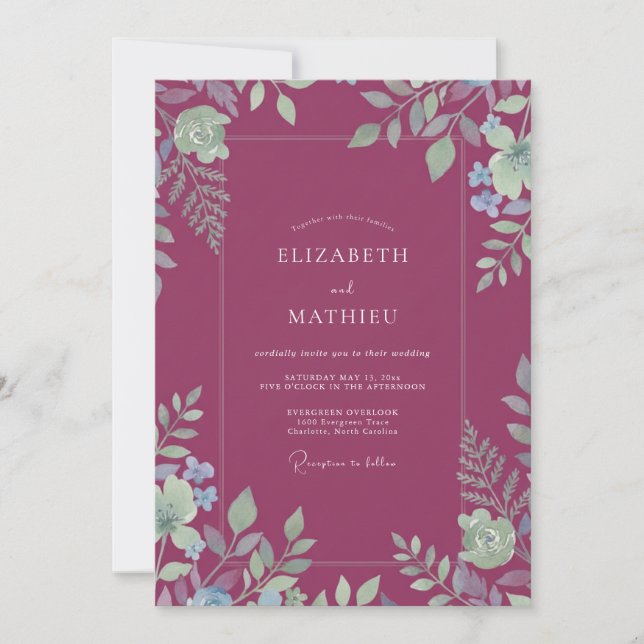 Invitación Boda de Eucalipto con Follaje Magenta (Anverso)