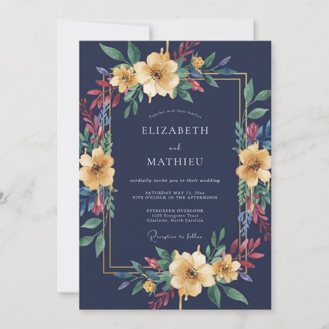 Invitación Boda de eucalipto con follaje ocre a medianoche (Anverso)