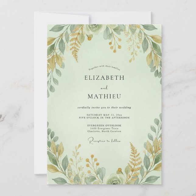 Invitación Boda de eucalipto con follaje ocre celadón (Anverso)