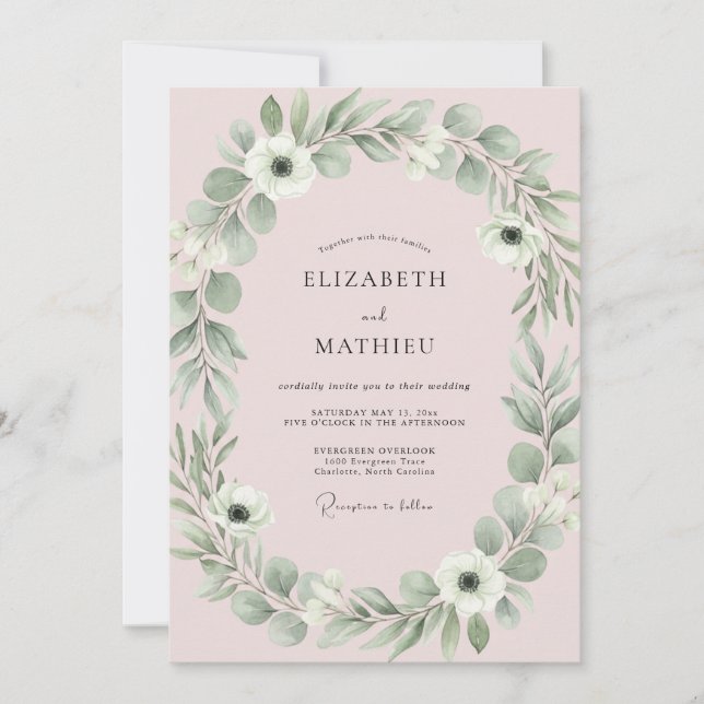 Invitación Boda de eucalipto con follaje rosa suave (Anverso)