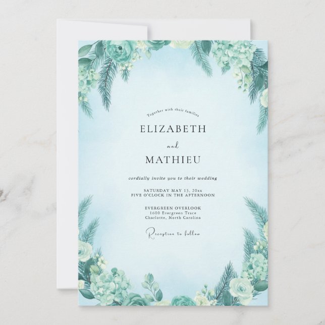 Invitación Boda de eucalipto con follaje turquesa (Anverso)