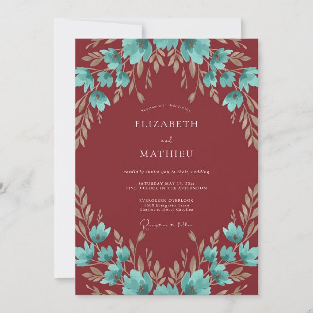 Invitación Boda de Eucalipto con Follaje Turquesa de Borgoña (Anverso)