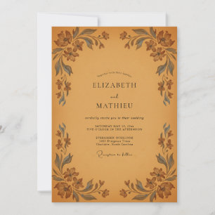 Invitación Boda de Eucalipto con Follaje Vintage en Ocre