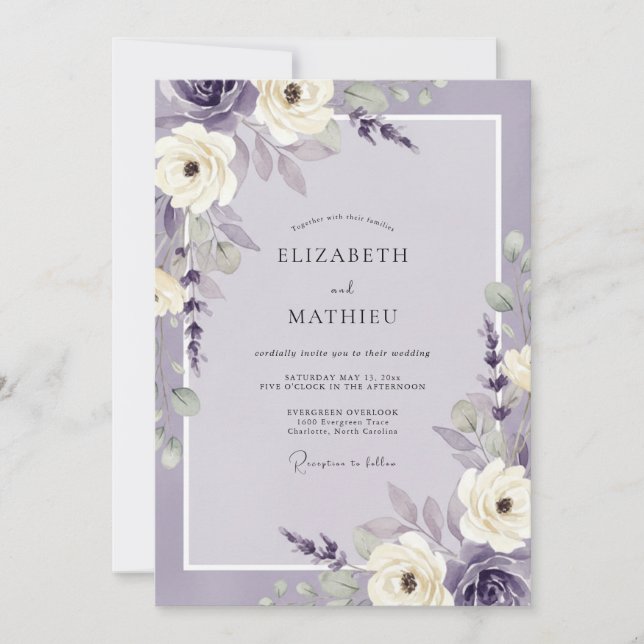 Invitación Boda de Eucalipto con Follaje Violeta Lavanda (Anverso)