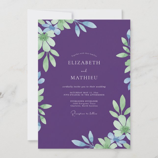 Invitación Boda de Eucalipto con Follaje Violeta Profundo (Anverso)