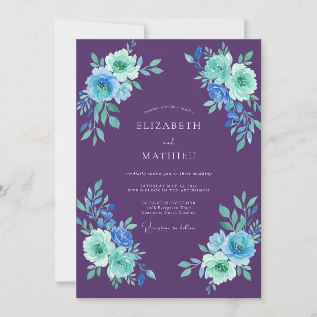 Invitación Boda de eucalipto con follaje violeta teal (Anverso)