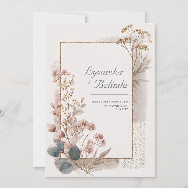 Invitación Boda de Eucalipto con Hojalata Dorada Rosa Polvori (Anverso)