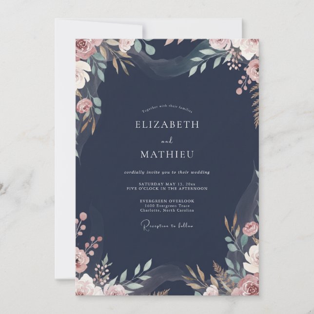 Invitación Boda de Eucalipto con Hojas de Rosa Polvorienta y  (Anverso)