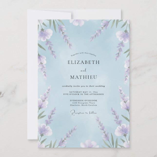 Invitación Boda de Eucalipto con Ramillete de Lila Celeste (Anverso)