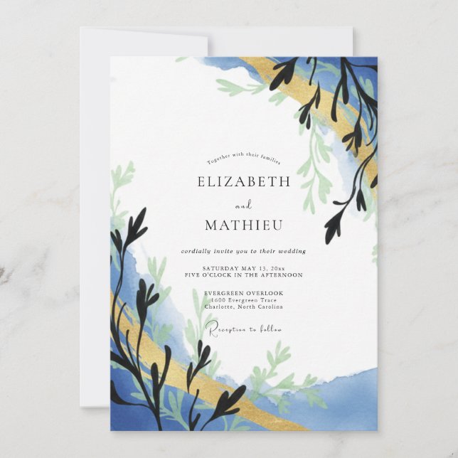 Invitación Boda de Eucalipto con Ramillete de Oro Periwinkle (Anverso)