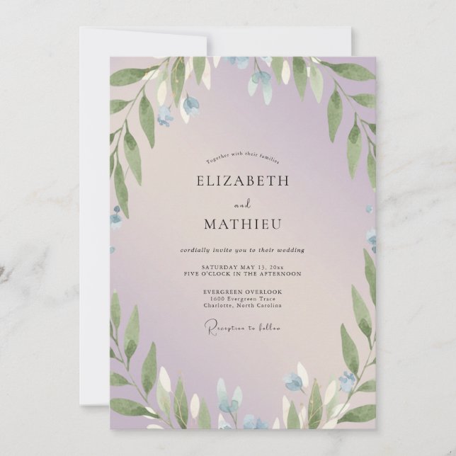 Invitación Boda de Eucalipto con Ramillete de Periwinkle (Anverso)