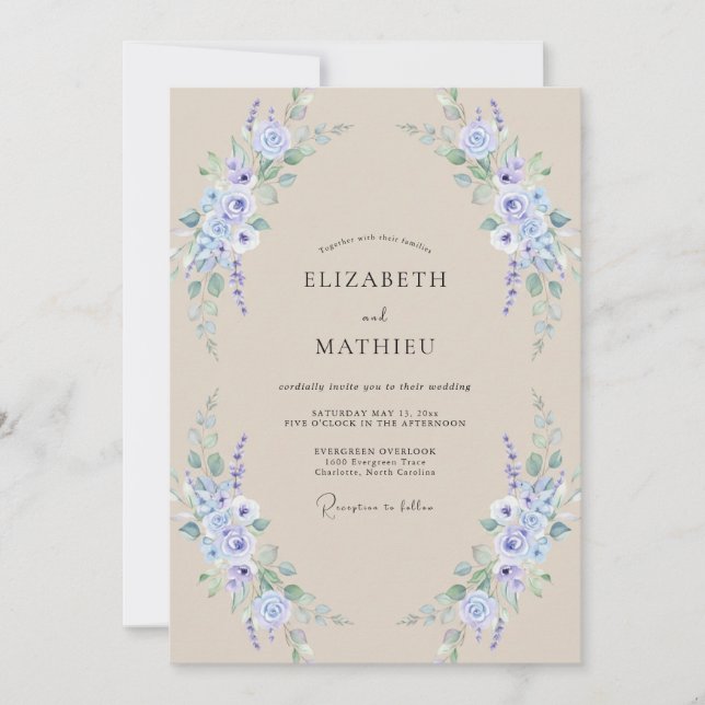 Invitación Boda de Eucalipto con Ramillete de Periwinkle y Ch (Anverso)