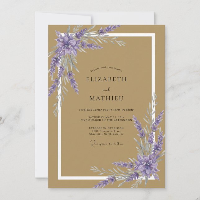 Invitación Boda de Eucalipto con Ramillete de Violeta Dorada (Anverso)