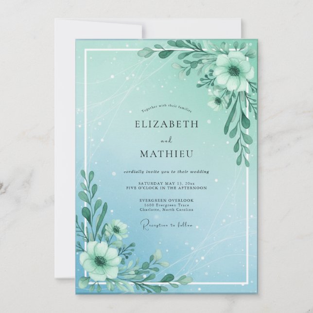 Invitación Boda de eucalipto con ramita de menta aqua (Anverso)