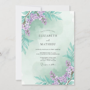 Invitación Boda de Eucalipto con Ramo de Lila Espuma de Mar