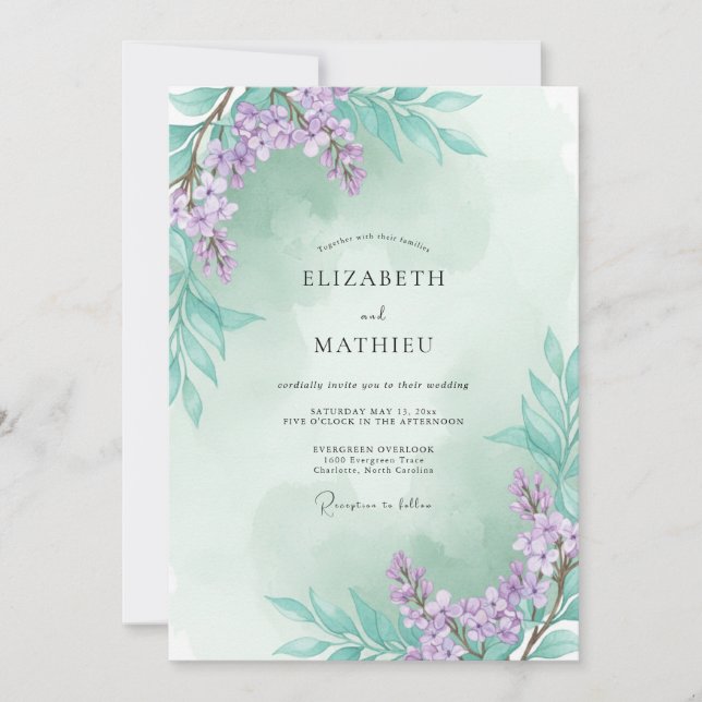 Invitación Boda de Eucalipto con Ramo de Lila Espuma de Mar (Anverso)