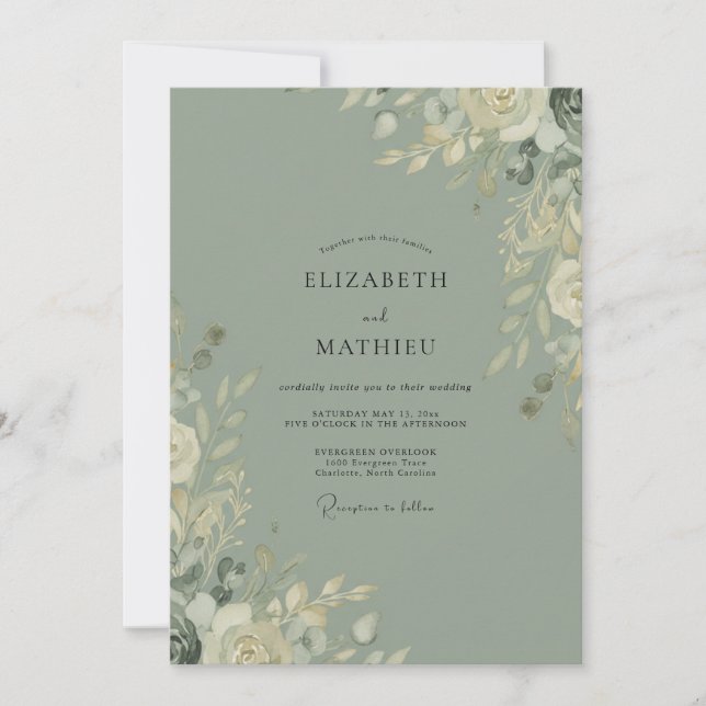 Invitación Boda de Eucalipto con Ramo de Oliva Discreto (Anverso)