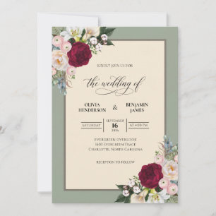 Invitación Boda de Eucalipto con Ramo de Olivo Granate