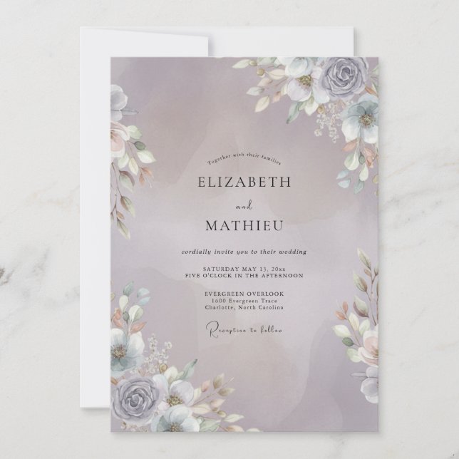 Invitación Boda de Eucalipto con Ramo de Plata Malva (Anverso)