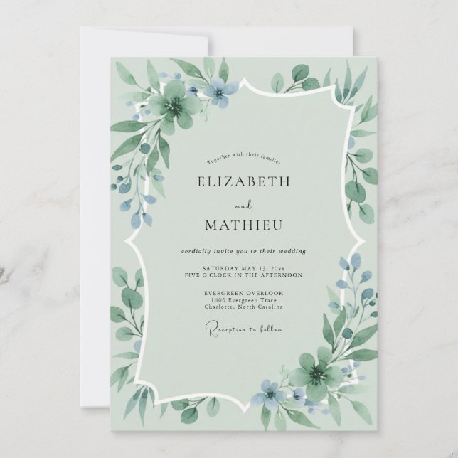 Invitación Boda de eucalipto de acero espuma de mar (Anverso)