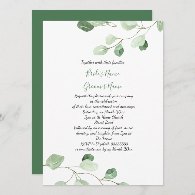 Invitación boda de eucalipto de acuarela elegante (Anverso / Reverso)