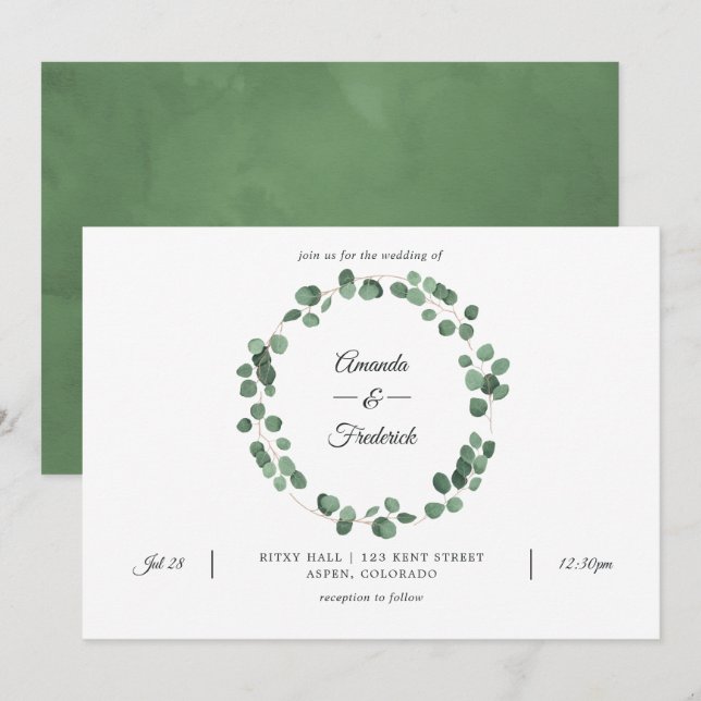 Invitación Boda de eucalipto de bosque forestal verde (Anverso / Reverso)