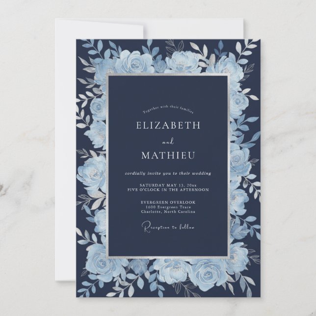 Invitación Boda de eucalipto de follaje azul medianoche (Anverso)