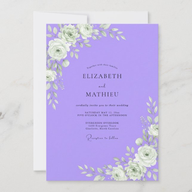 Invitación Boda de Eucalipto de Follaje Blanco Violeta (Anverso)
