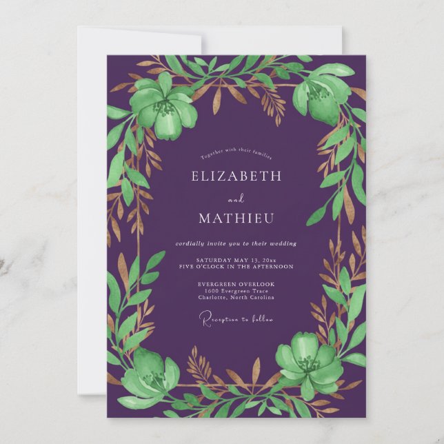 Invitación Boda de Eucalipto de Follaje de Bronce Ciruela (Anverso)