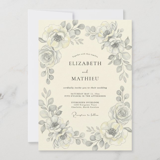 Invitación Boda de Eucalipto de Follaje de Carbón de Plata (Anverso)