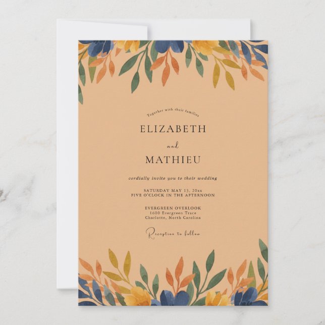 Invitación Boda de eucalipto de follaje de ocra naval (Anverso)