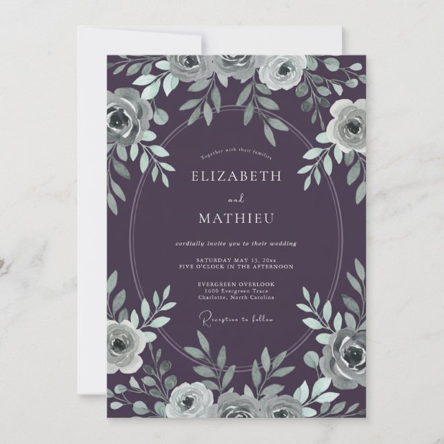 Invitación Boda de Eucalipto de Follaje de Plata Ciruela (Anverso)