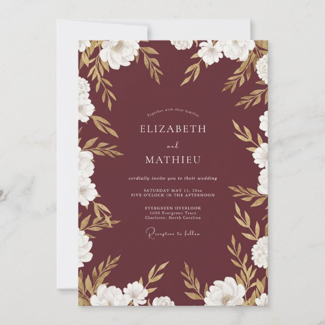 Invitación Boda de eucalipto de follaje dorado granate (Anverso)