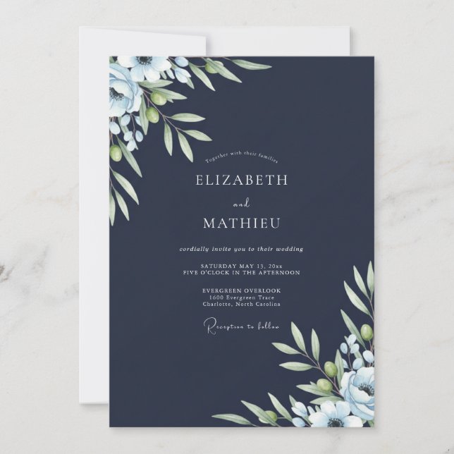 Invitación Boda de eucalipto de follaje oliva naval (Anverso)