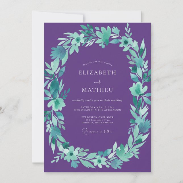 Invitación Boda de Eucalipto de Follaje Turquesa Violeta (Anverso)